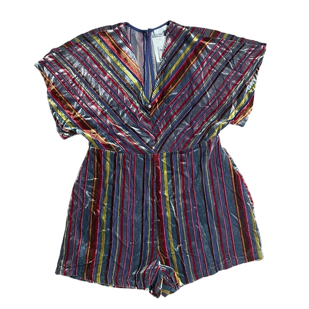 Lush Womens Velvet Striped Romper Multicolor V-Neck Back Cutout New With Tags